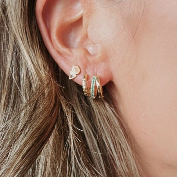 Double Huggie Earrings Green CZ CUTE everyday Jewelry huggies double hoop Green - Picture 7 of 7